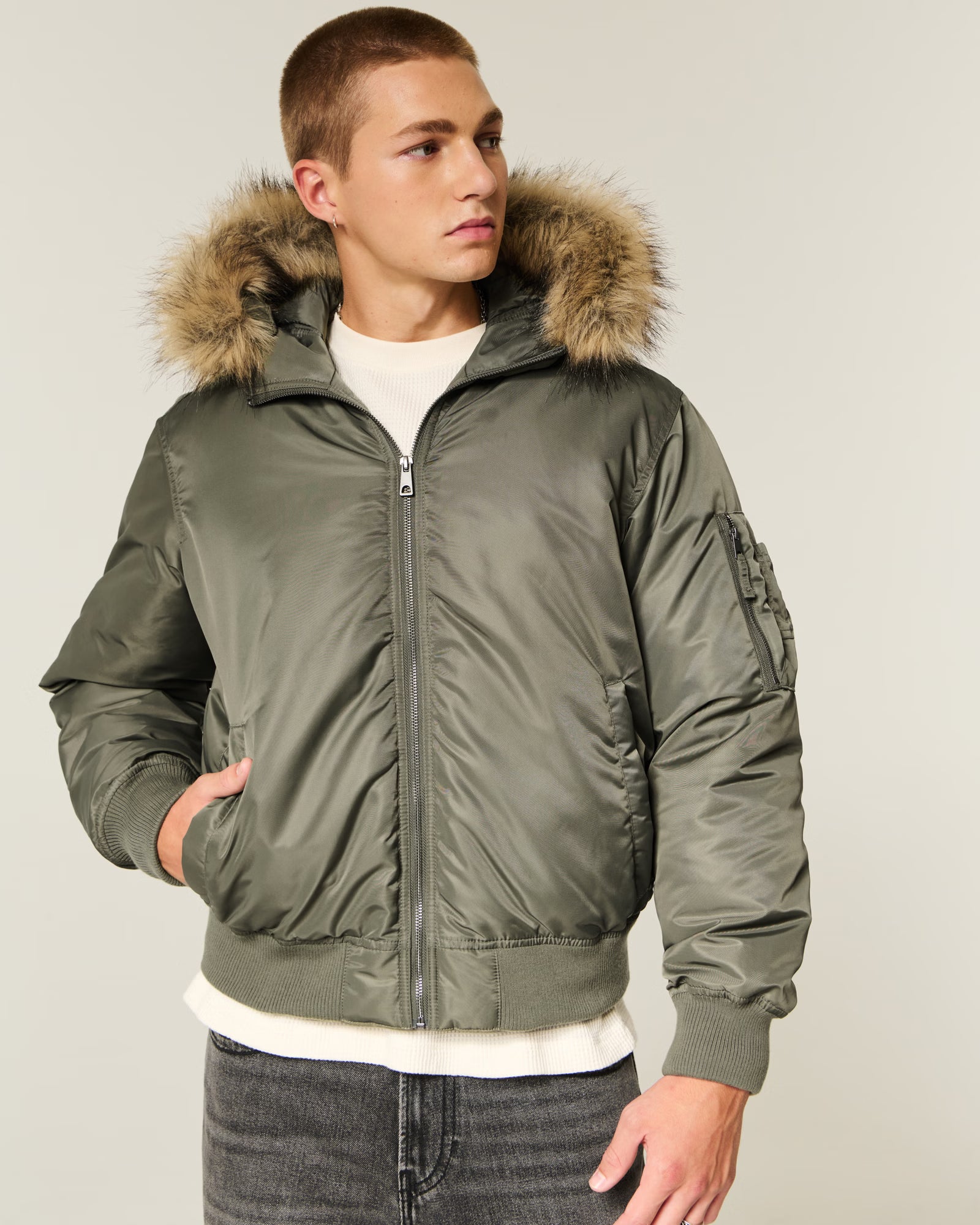 Hollister - Faux Fur Trim Zip-Up Bomber Jacket