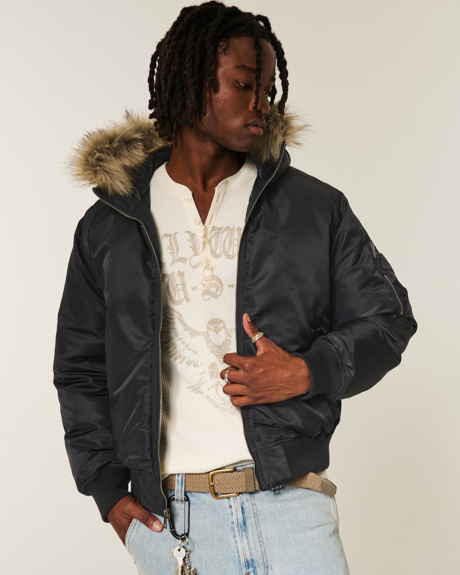 Hollister - Faux Fur Trim Zip-Up Bomber Jacket