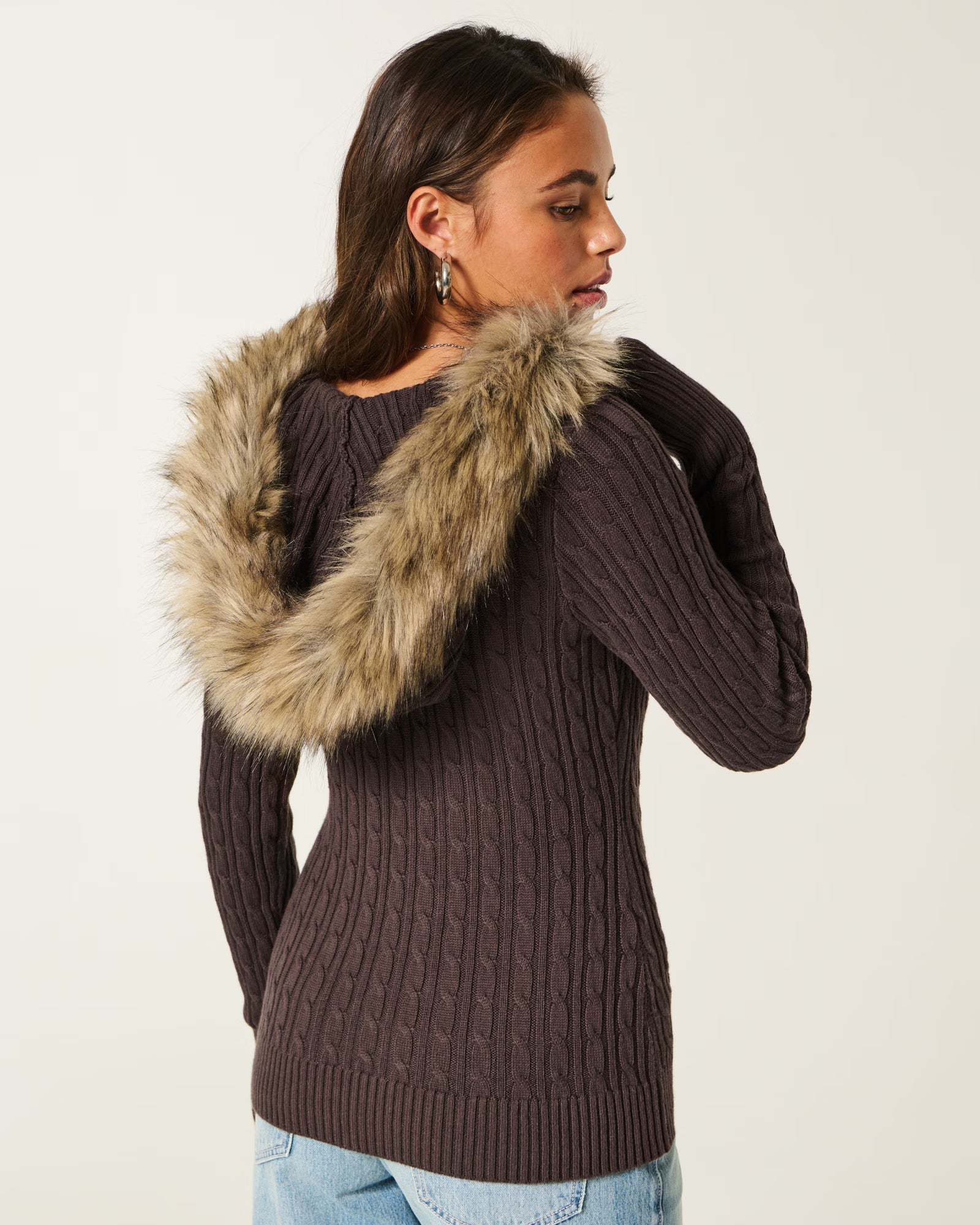 Hollister - Faux Fur Trim Hooded Cable-Knit Sweater