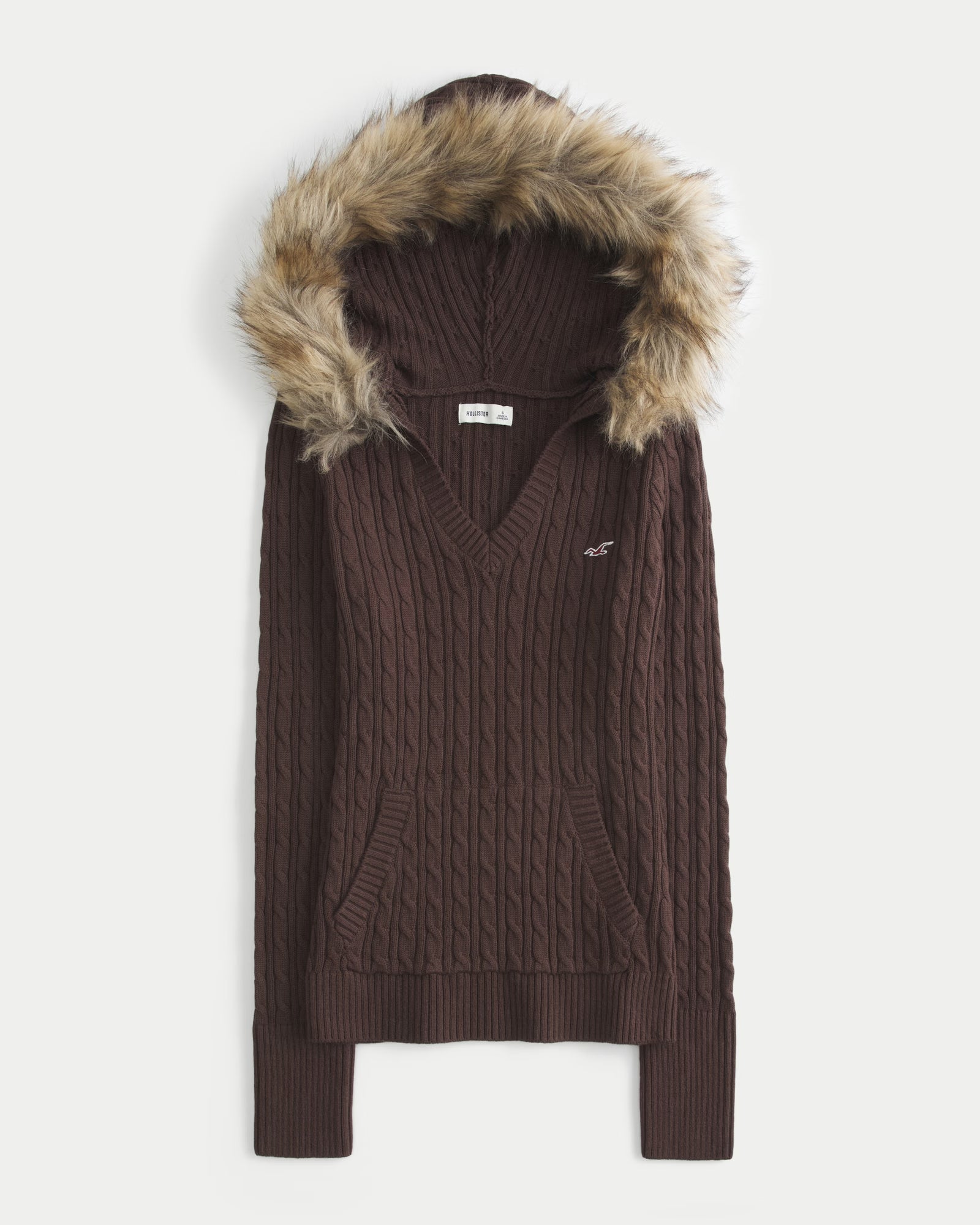 Hollister - Faux Fur Trim Hooded Cable-Knit Sweater