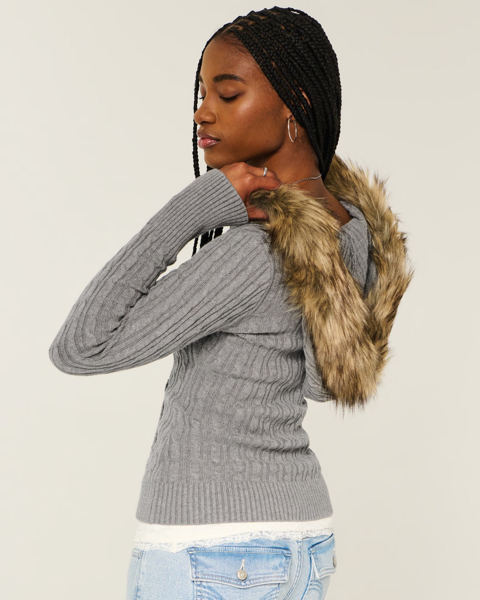Hollister - Faux Fur Trim Hooded Cable-Knit Sweater