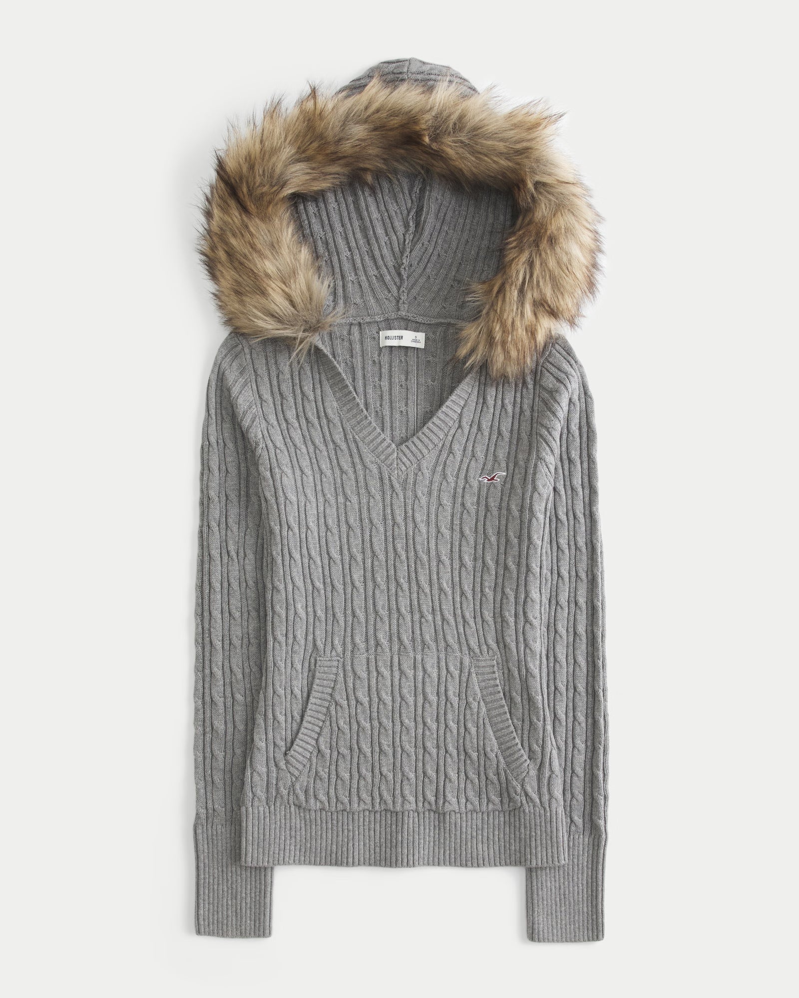 Hollister - Faux Fur Trim Hooded Cable-Knit Sweater