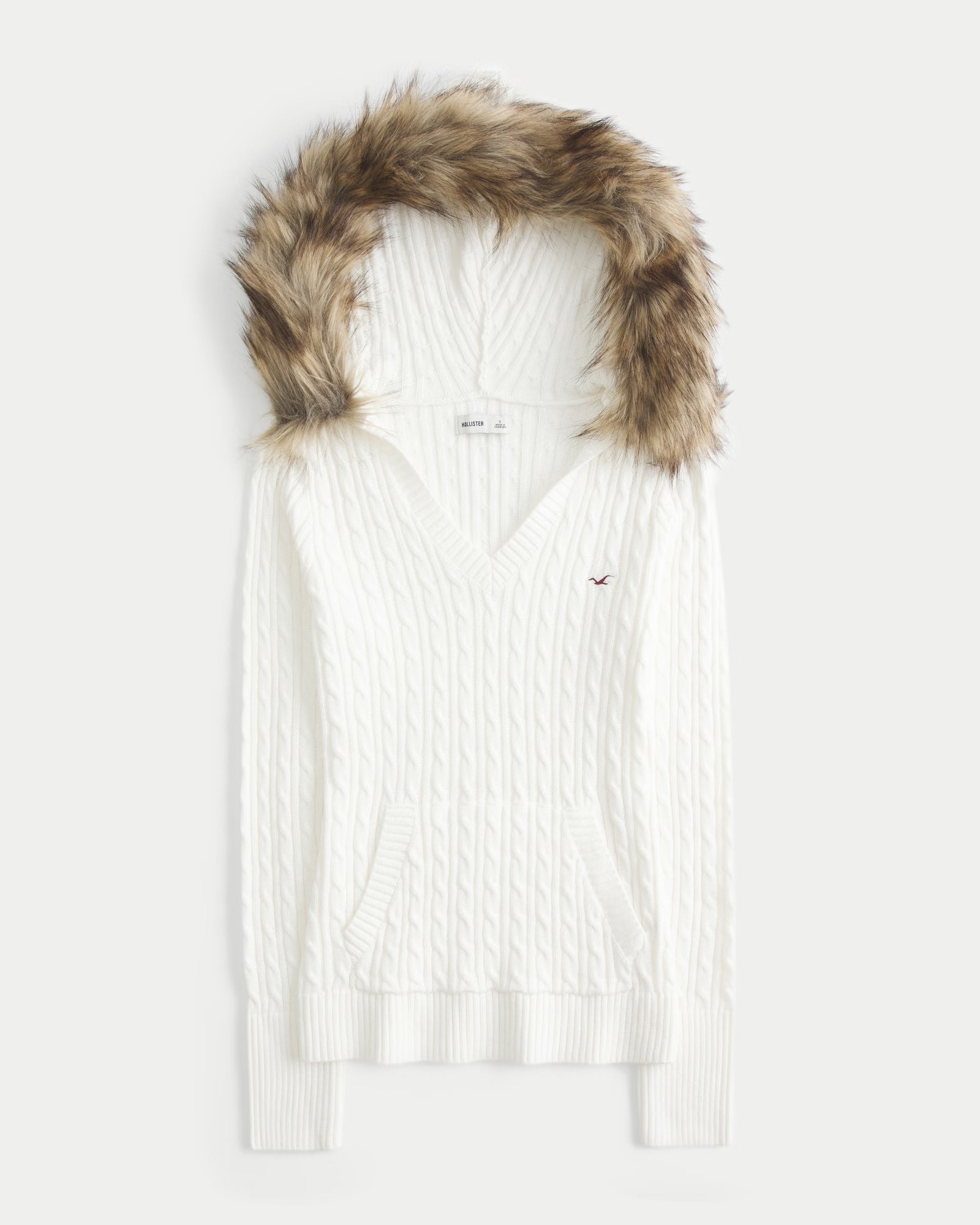 Hollister - Faux Fur Trim Hooded Cable-Knit Sweater
