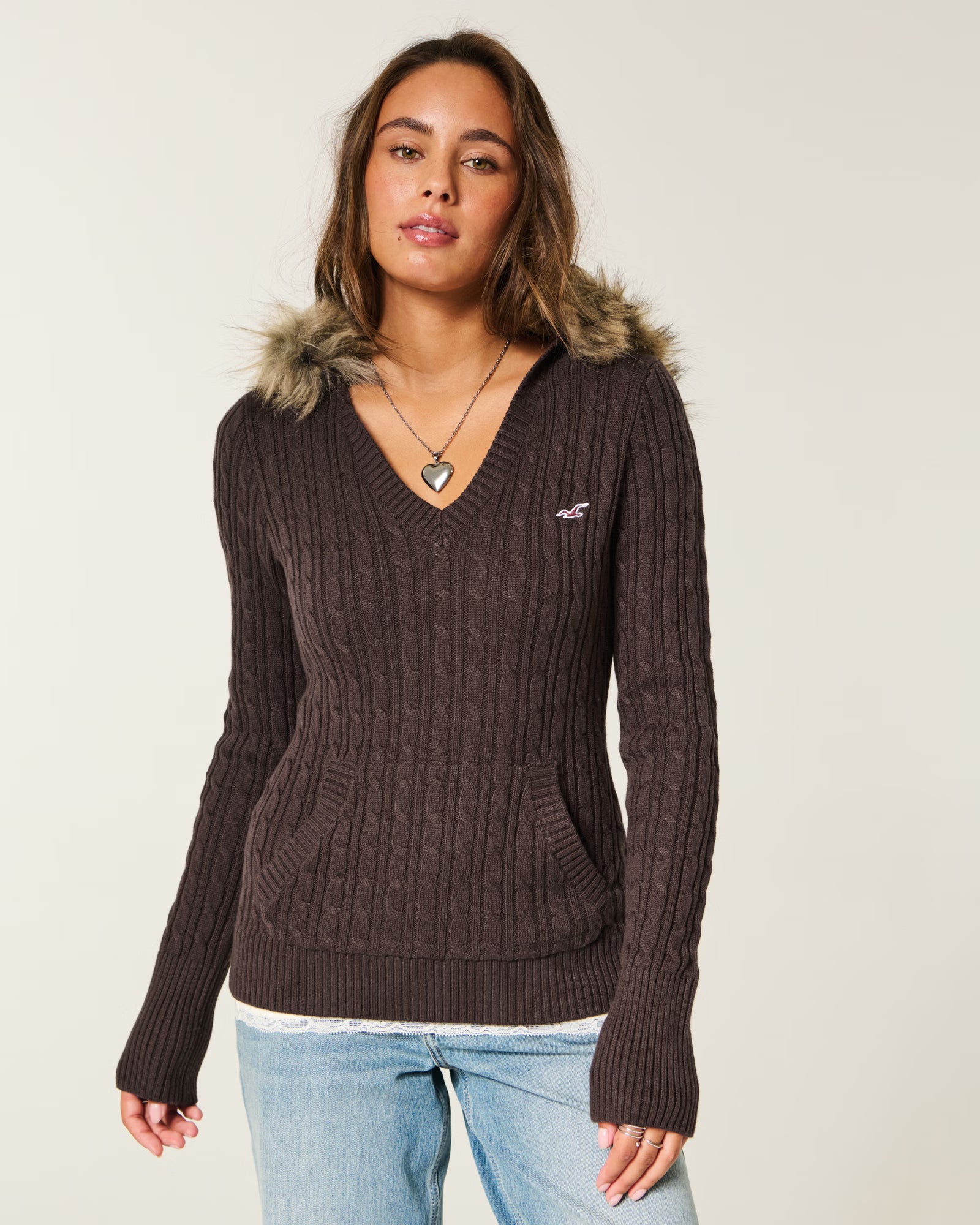 Hollister - Faux Fur Trim Hooded Cable-Knit Sweater