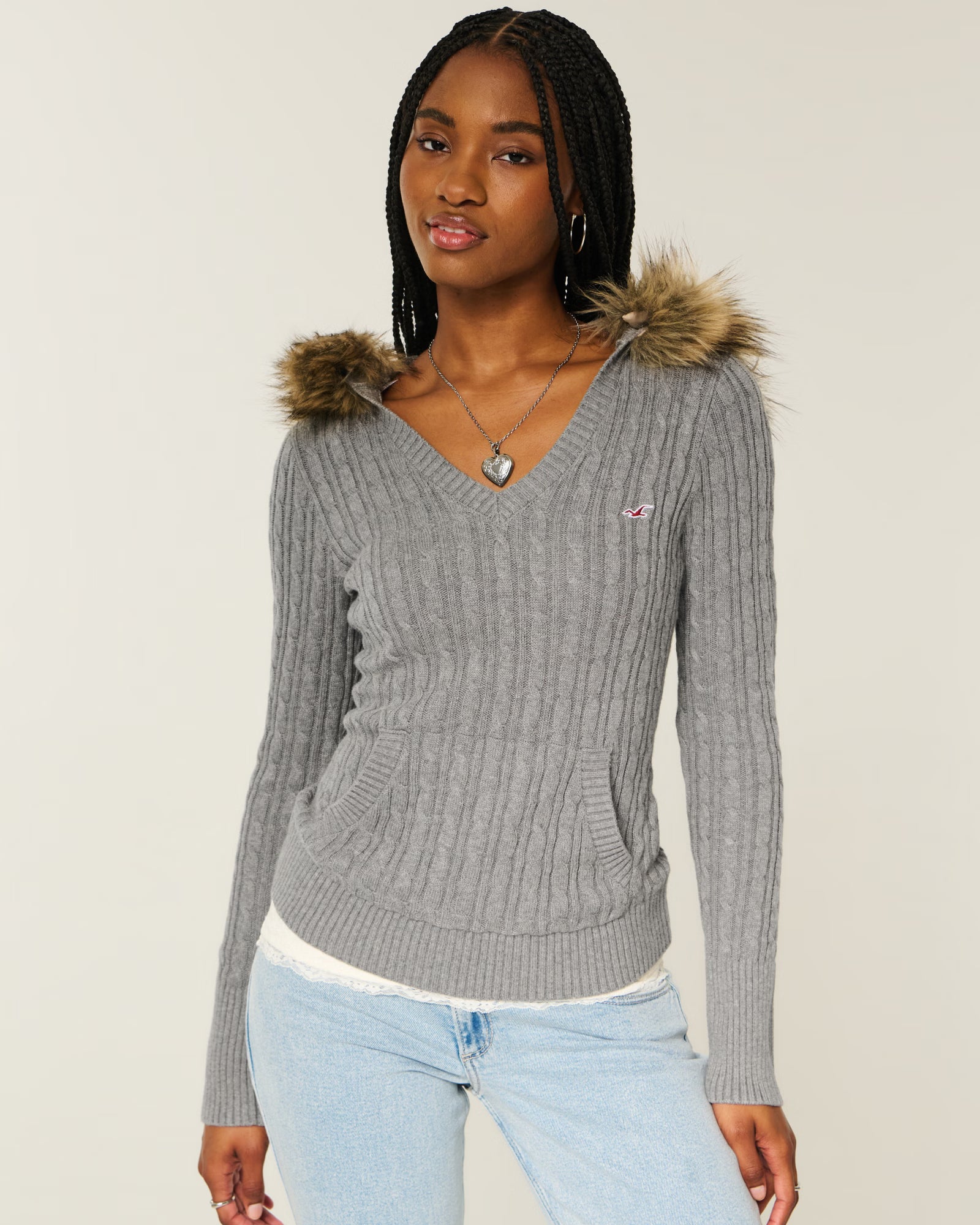 Hollister - Faux Fur Trim Hooded Cable-Knit Sweater