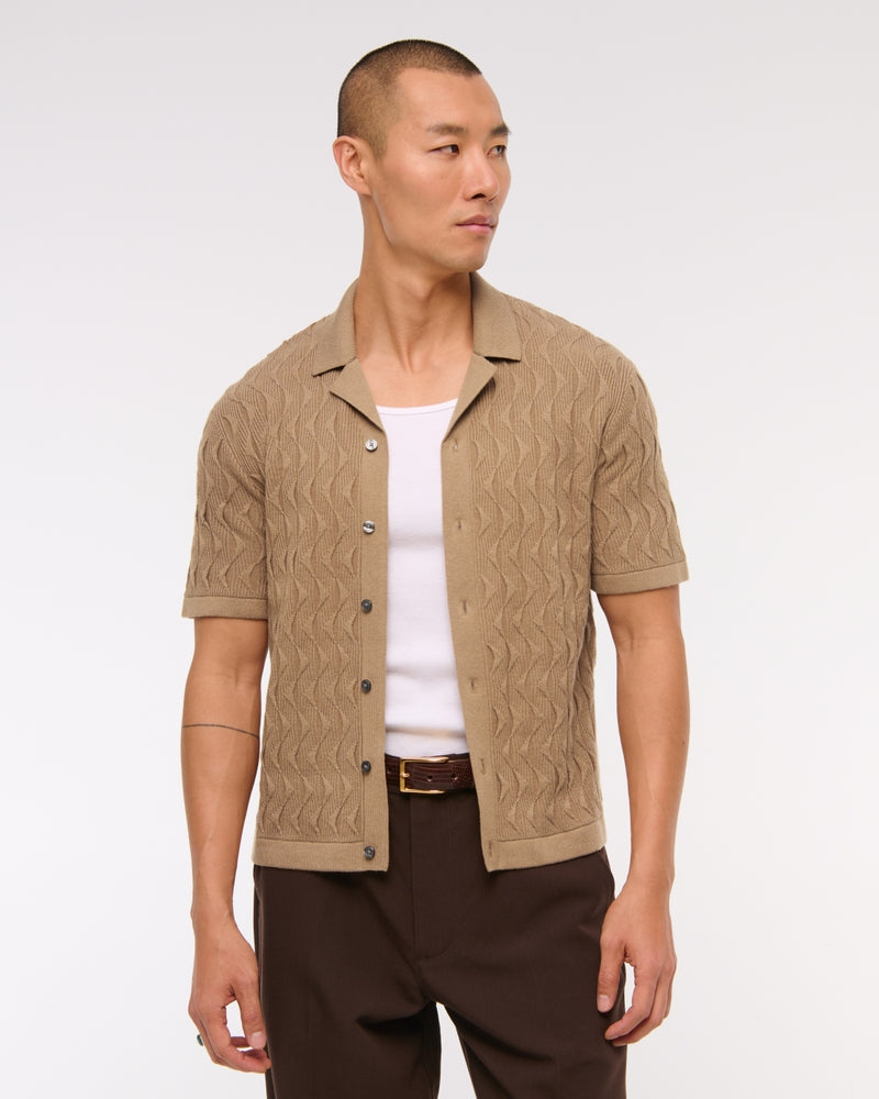 Geometric Stitch Button-Through Sweater Polo