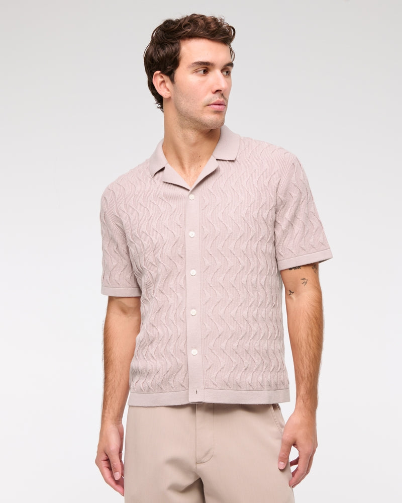 Geometric Stitch Button-Through Sweater Polo