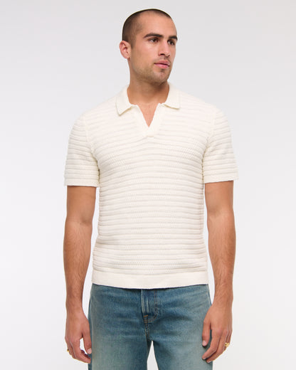 Textural Striped Johnny Collar Sweater Polo