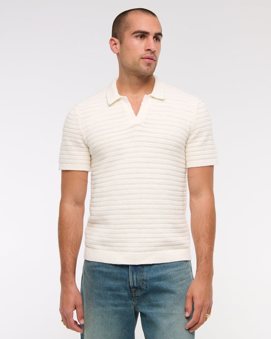 Textural Striped Johnny Collar Sweater Polo