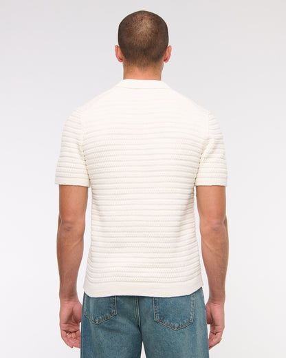 Textural Striped Johnny Collar Sweater Polo