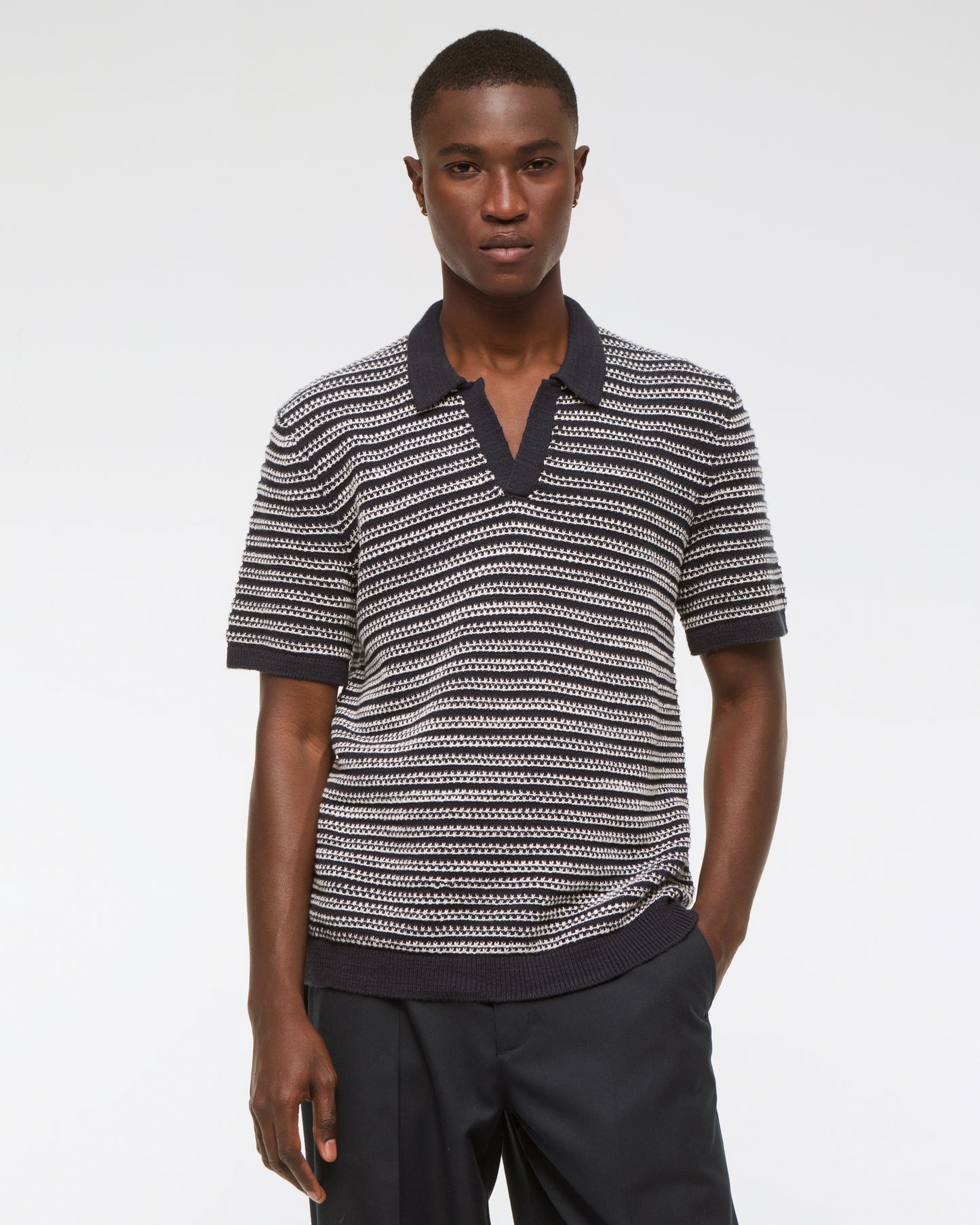 Textural Striped Johnny Collar Sweater Polo