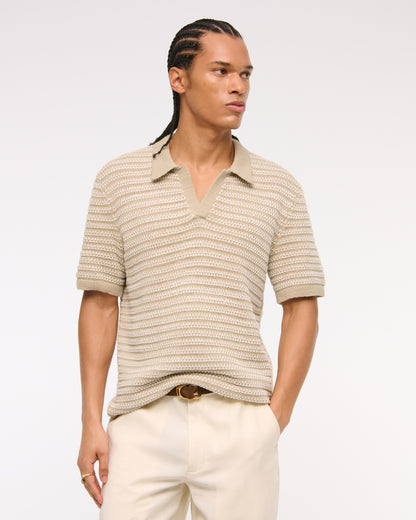 Textural Striped Johnny Collar Sweater Polo
