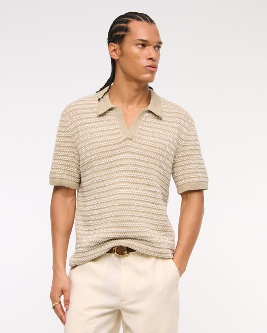 Textural Striped Johnny Collar Sweater Polo