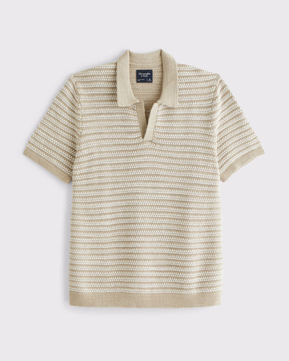 Textural Striped Johnny Collar Sweater Polo