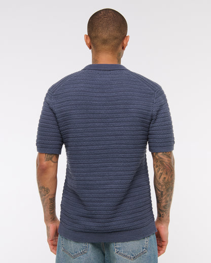 Textural Striped Johnny Collar Sweater Polo