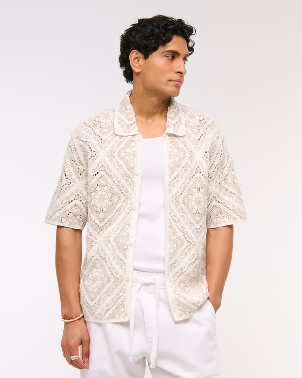 Abercrombie & Fitch - Crochet-Style Floral Button-Through Sweater Polo.