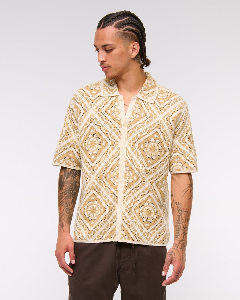 Crochet-Style Floral Button-Through Sweater Polo