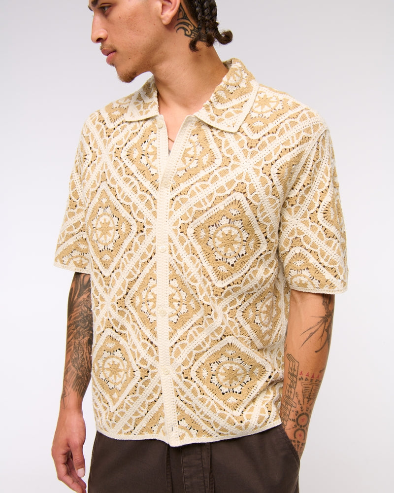 Crochet-Style Floral Button-Through Sweater Polo