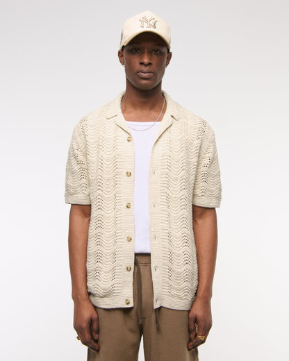 Wavy Crochet-Style Button-Through Sweater Polo