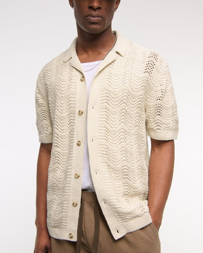 Wavy Crochet-Style Button-Through Sweater Polo