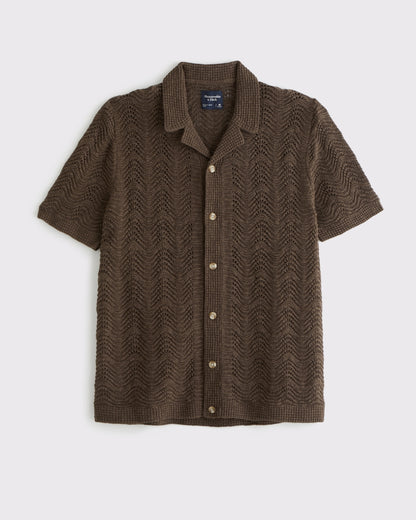 Wavy Crochet-Style Button-Through Sweater Polo