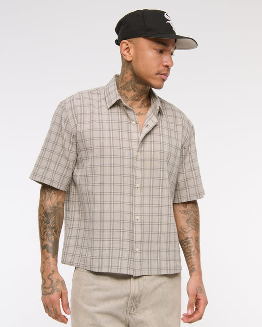 Short-Sleeve Cropped Textural Plaid Button-Up Shirt