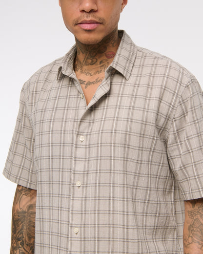 Short-Sleeve Cropped Textural Plaid Button-Up Shirt