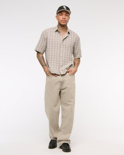 Short-Sleeve Cropped Textural Plaid Button-Up Shirt