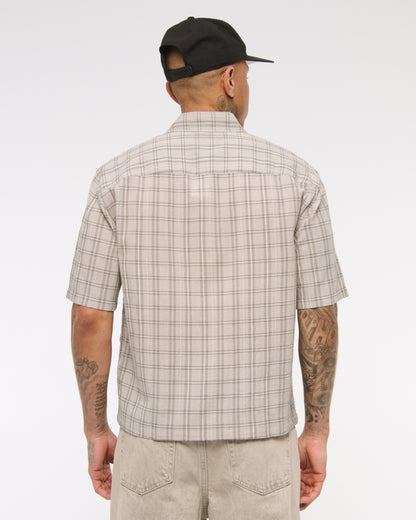 Short-Sleeve Cropped Textural Plaid Button-Up Shirt