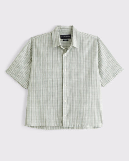 Short-Sleeve Cropped Textural Plaid Button-Up Shirt