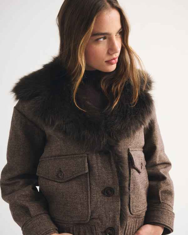 Abercrombie & Fitch - Faux Fur Collar Wool-Blend Bomber Jacket