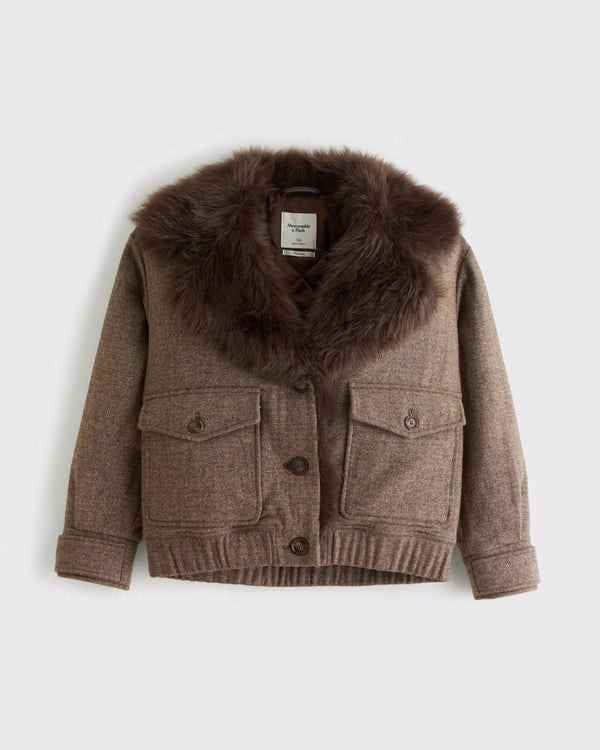 Abercrombie & Fitch - Faux Fur Collar Wool-Blend Bomber Jacket