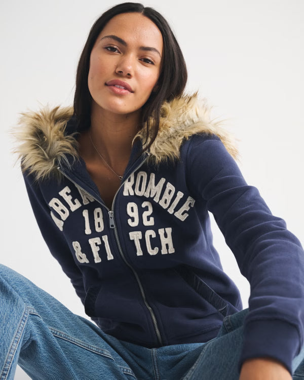 Abercrmobie & Fitch - Faux Fur-Lined Logo Full-Zip Hoodie IMMEDIATE