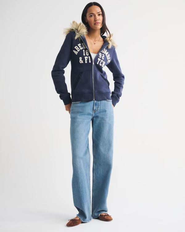 Abercrmobie & Fitch - Faux Fur-Lined Logo Full-Zip Hoodie IMMEDIATE