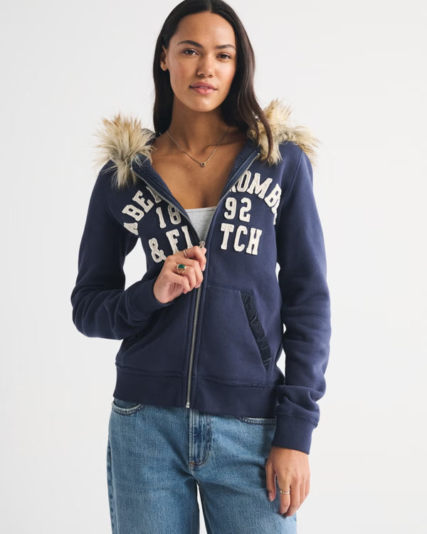 Abercrmobie & Fitch - Faux Fur-Lined Logo Full-Zip Hoodie IMMEDIATE