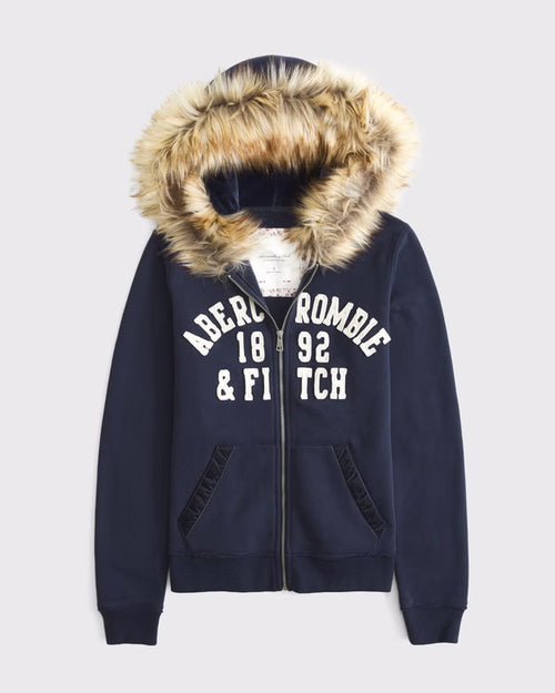 Abercrmobie & Fitch - Faux Fur-Lined Logo Full-Zip Hoodie IMMEDIATE