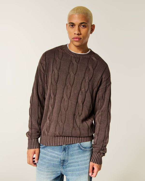 Hollister - Boxy Washed Cable-Knit Crew Sweater