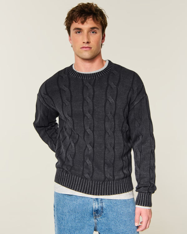 Hollister - Boxy Washed Cable-Knit Crew Sweater