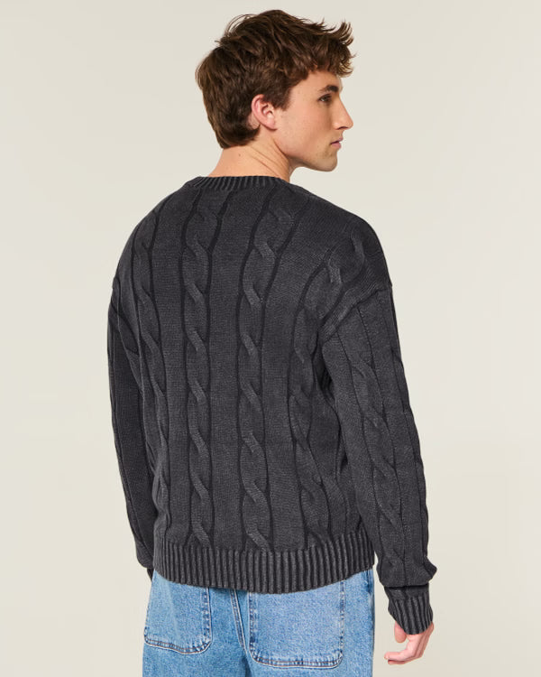 Hollister - Boxy Washed Cable-Knit Crew Sweater