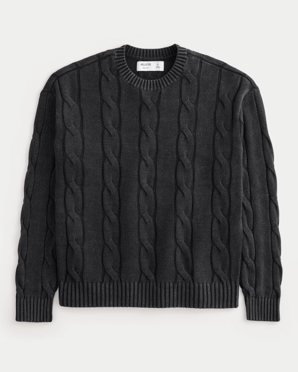 Hollister - Boxy Washed Cable-Knit Crew Sweater