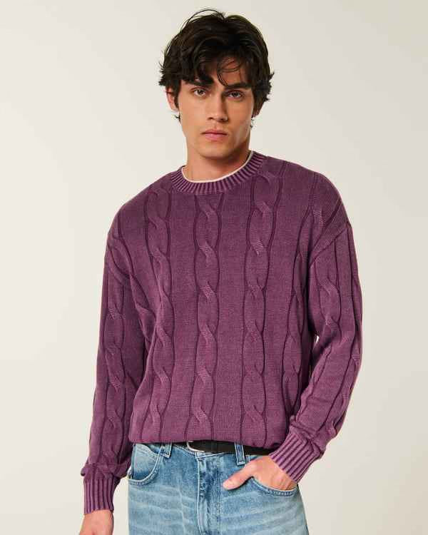Hollister - Boxy Washed Cable-Knit Crew Sweater