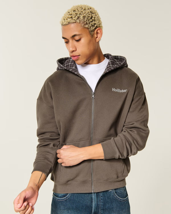 Hollister - Boxy Plaid Hood Zip-Up Hoodie