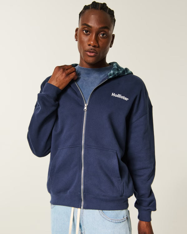 Hollister - Boxy Plaid Hood Zip-Up Hoodie