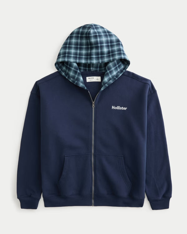Hollister - Boxy Plaid Hood Zip-Up Hoodie