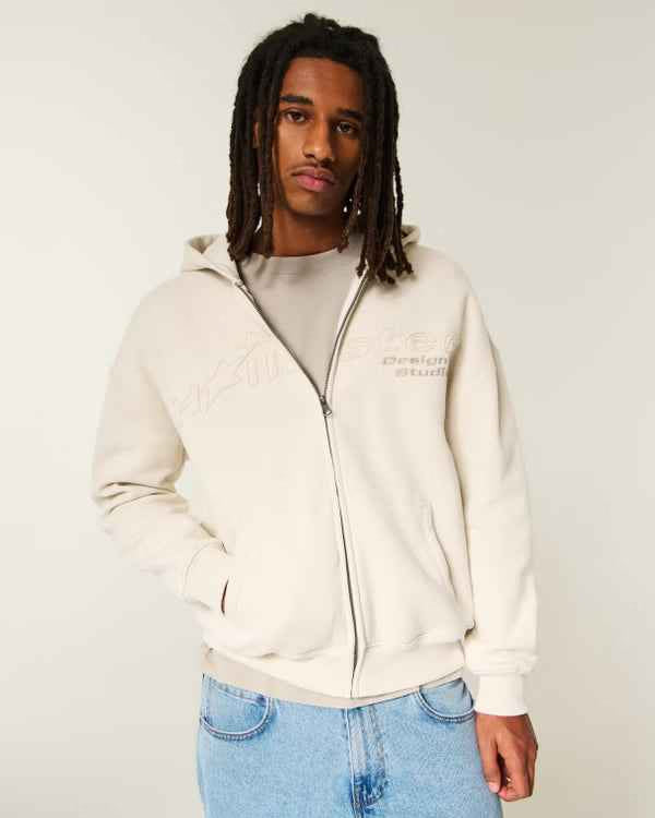 Hollister - Boxy Zip-Up Logo Graphic Hoodie