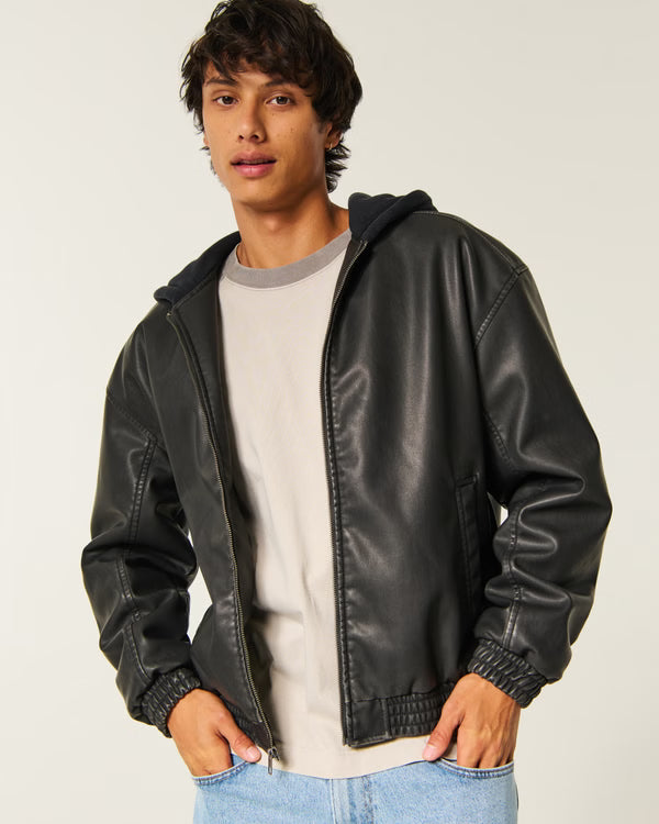 Hollister - Faux Leather Fleece Hood Bomber Jacket