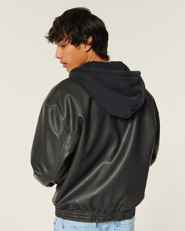 Hollister - Faux Leather Fleece Hood Bomber Jacket