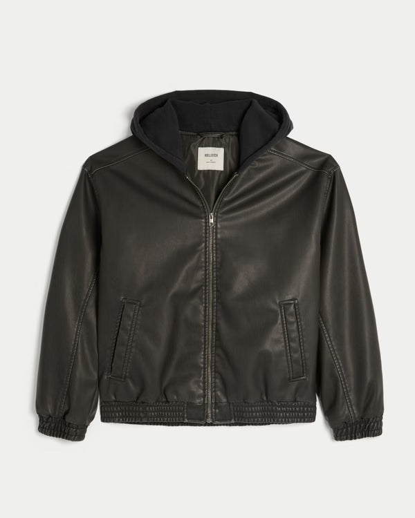 Hollister - Faux Leather Fleece Hood Bomber Jacket