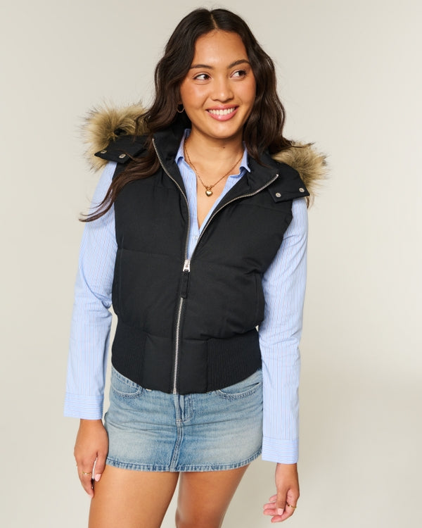 Hollister - Faux Fur Trim Hooded Y2K Vest