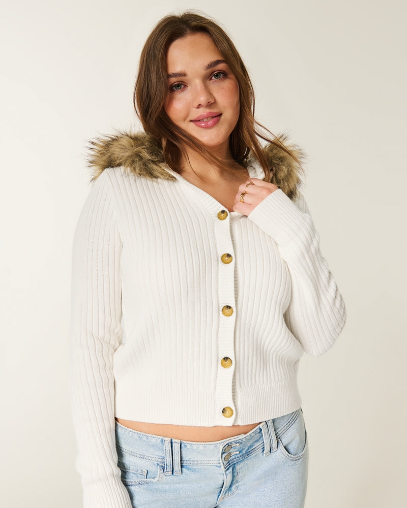 Hollister - Hooded Faux Fur Trim Cardigan
